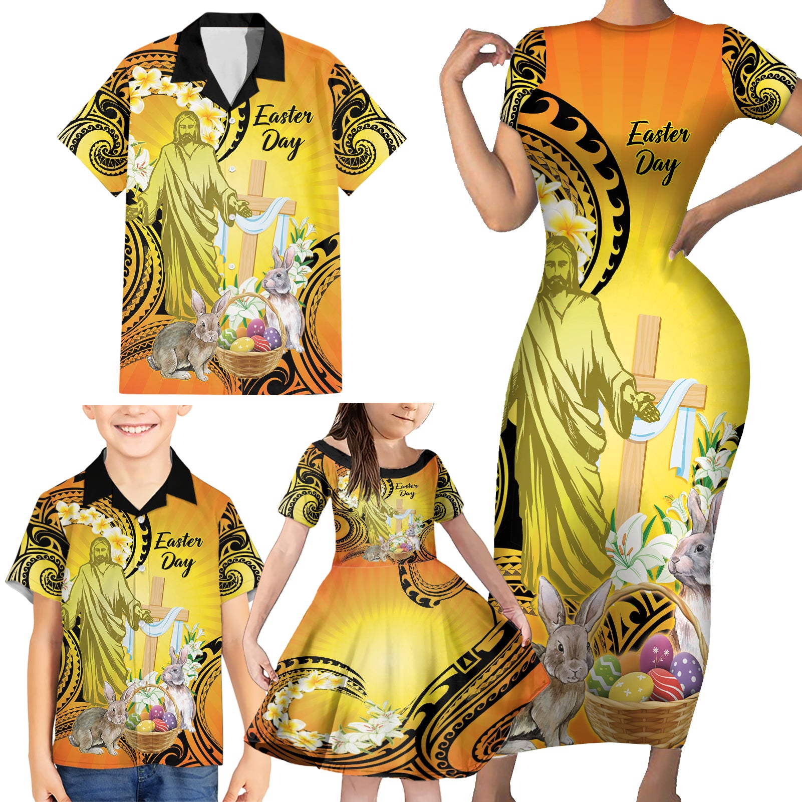 Polynesia Easter Day Family Matching Short Sleeve Bodycon Dress and Hawaiian Shirt He Is Risen Lilium Longiflorum Polynesian Pattern