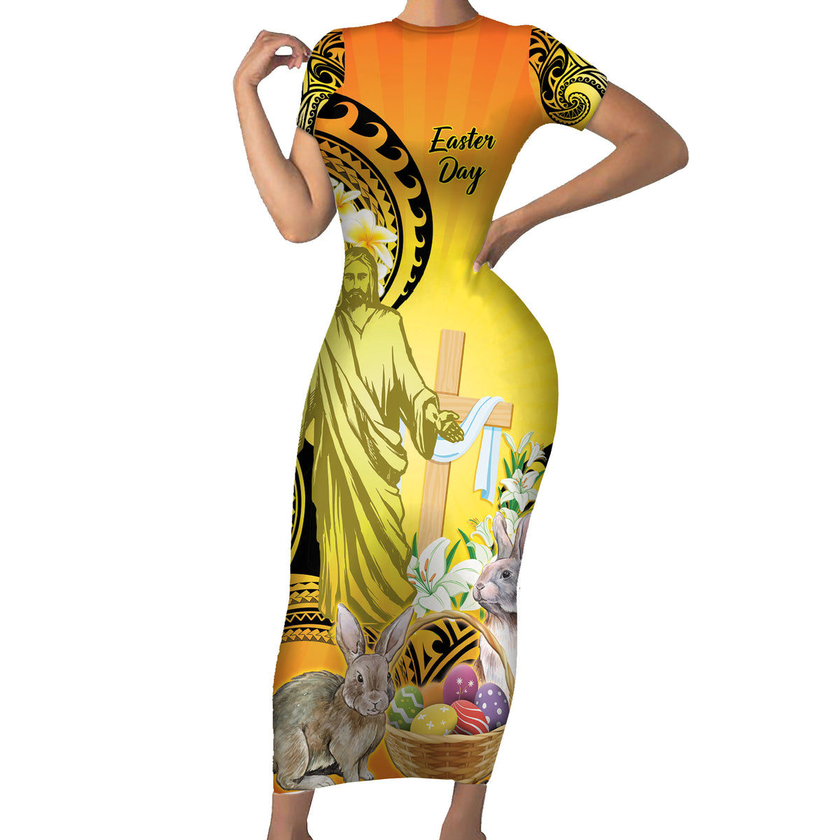 Polynesia Easter Day Family Matching Short Sleeve Bodycon Dress and Hawaiian Shirt He Is Risen Lilium Longiflorum Polynesian Pattern LT14 Mom's Dress Gold - Polynesian Pride