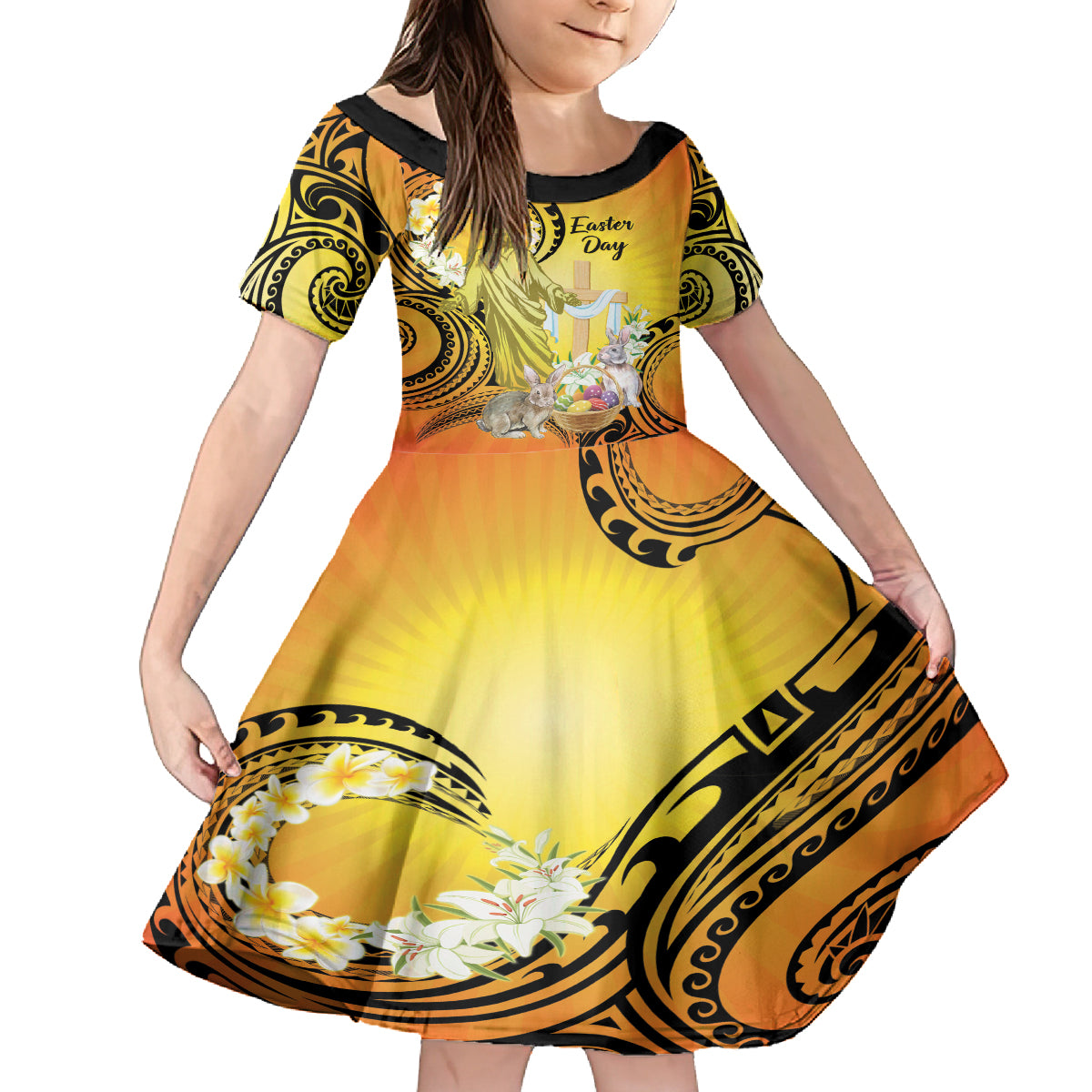 Polynesia Easter Day Family Matching Summer Maxi Dress and Hawaiian Shirt He Is Risen Lilium Longiflorum Polynesian Pattern LT14 Daughter's Dress Gold - Polynesian Pride