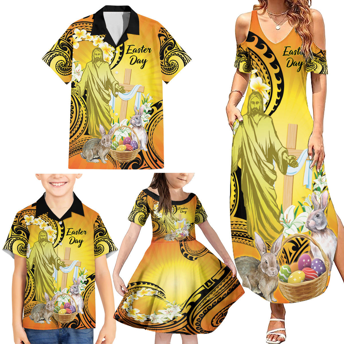 Polynesia Easter Day Family Matching Summer Maxi Dress and Hawaiian Shirt He Is Risen Lilium Longiflorum Polynesian Pattern LT14 - Polynesian Pride