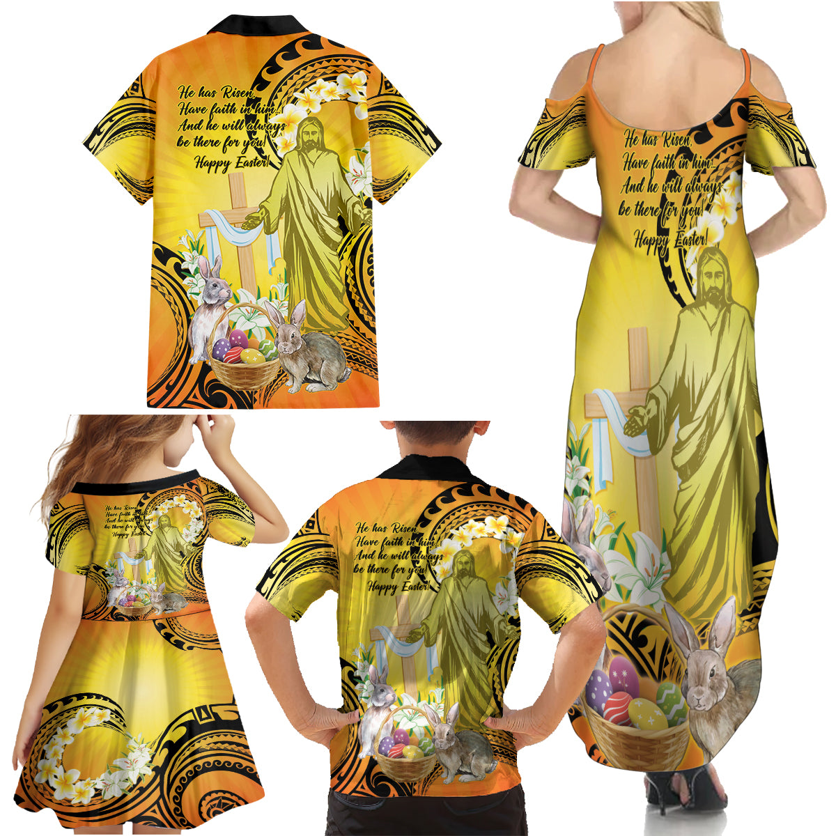 Polynesia Easter Day Family Matching Summer Maxi Dress and Hawaiian Shirt He Is Risen Lilium Longiflorum Polynesian Pattern LT14 - Polynesian Pride