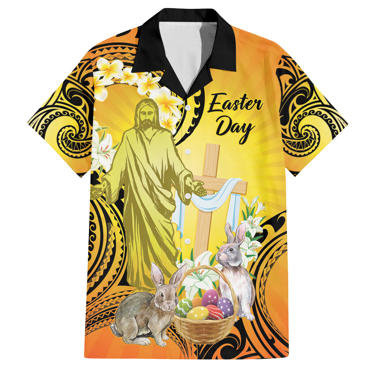 Polynesia Easter Day Family Matching Summer Maxi Dress and Hawaiian Shirt He Is Risen Lilium Longiflorum Polynesian Pattern LT14 Dad's Shirt - Short Sleeve Gold - Polynesian Pride