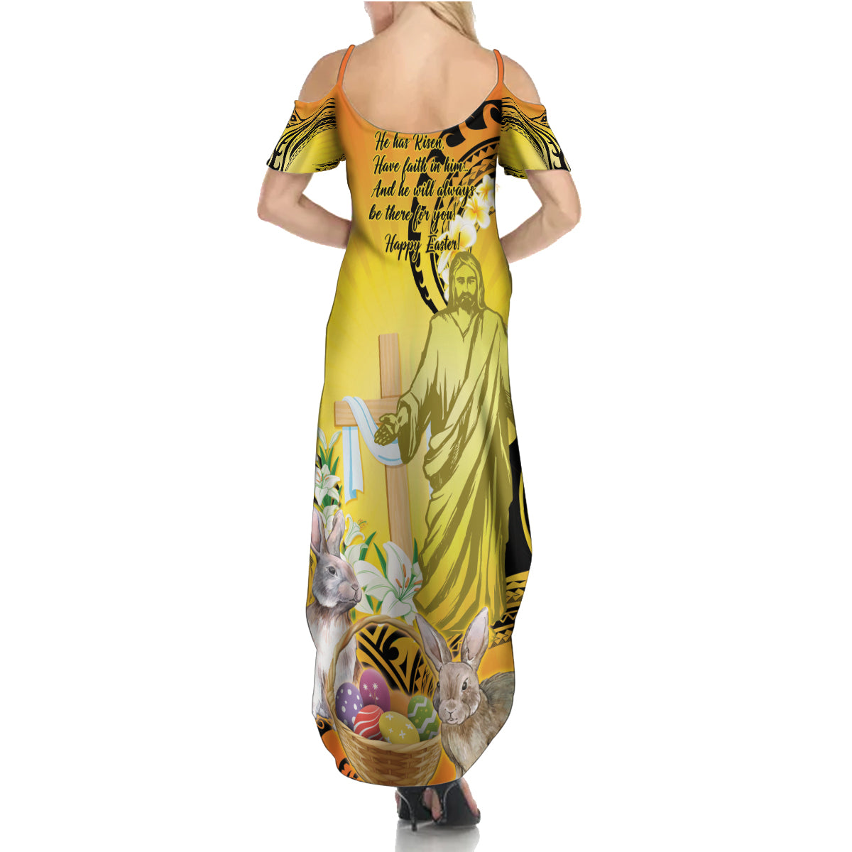 Polynesia Easter Day Family Matching Summer Maxi Dress and Hawaiian Shirt He Is Risen Lilium Longiflorum Polynesian Pattern LT14 - Polynesian Pride