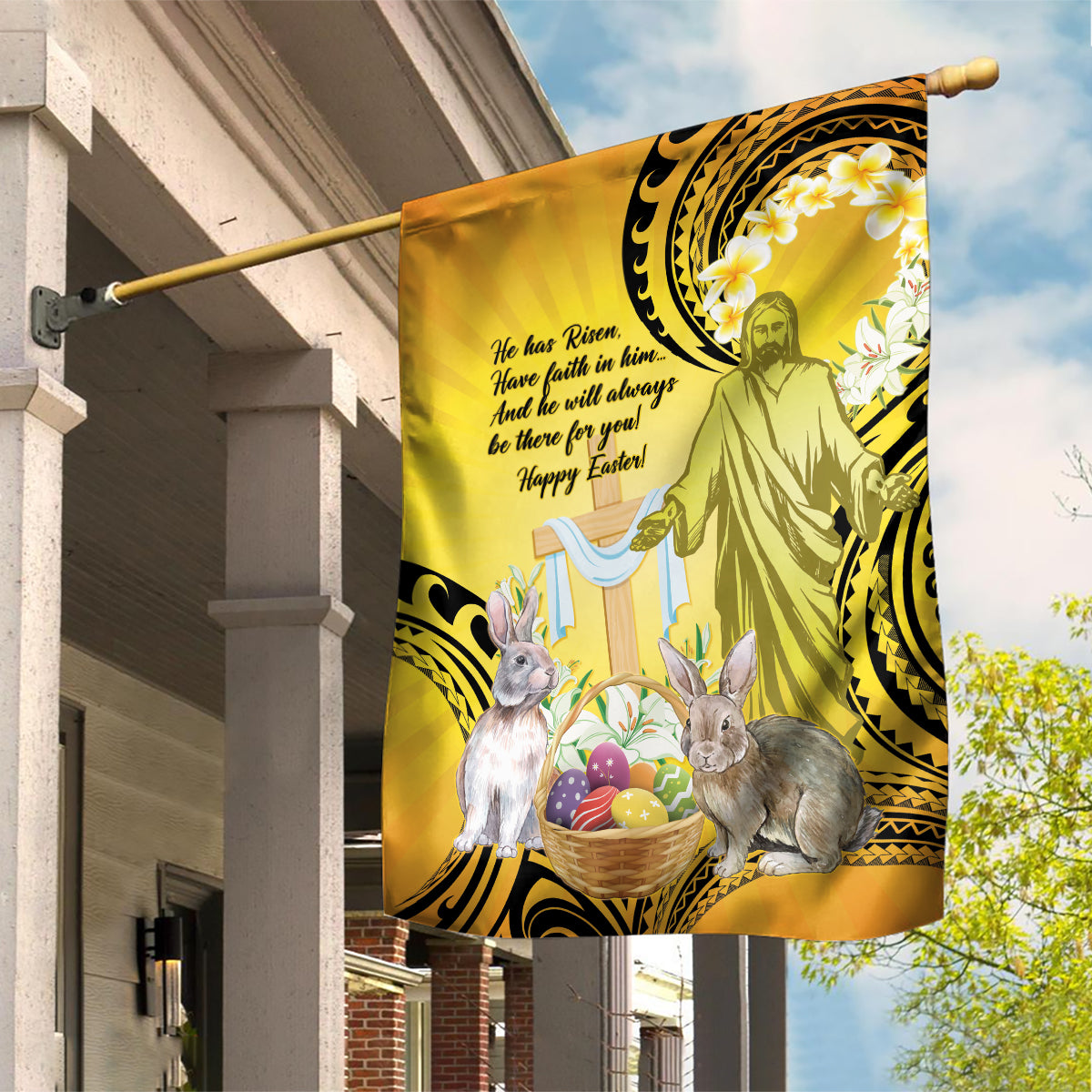 Polynesia Easter Day Garden Flag He Is Risen Lilium Longiflorum Polynesian Pattern LT14 House Flag Gold - Polynesian Pride