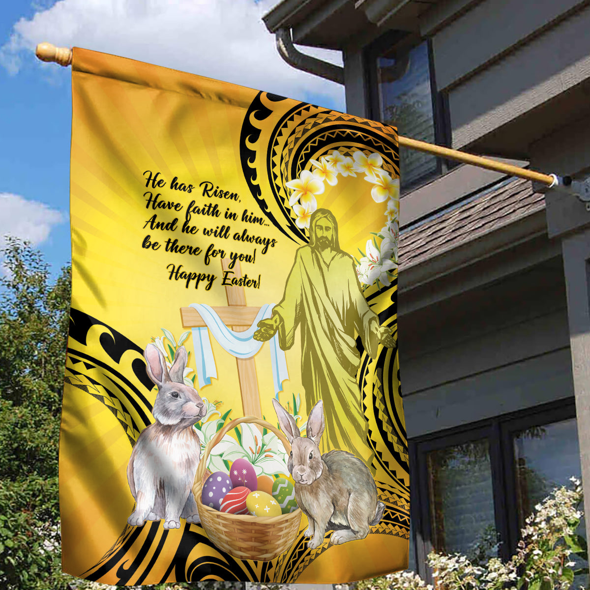 Polynesia Easter Day Garden Flag He Is Risen Lilium Longiflorum Polynesian Pattern LT14 - Polynesian Pride