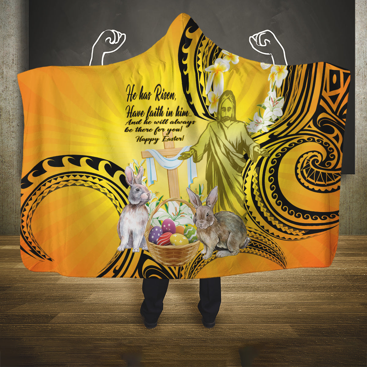 Polynesia Easter Day Hooded Blanket He Is Risen Lilium Longiflorum Polynesian Pattern LT14 One Size Gold - Polynesian Pride