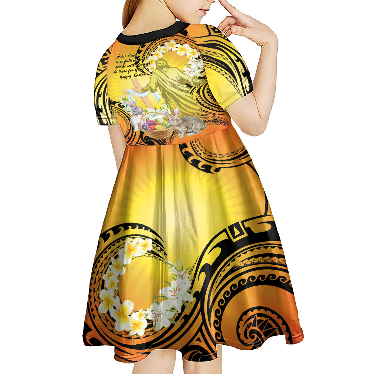 Polynesia Easter Day Kid Short Sleeve Dress He Is Risen Lilium Longiflorum Polynesian Pattern