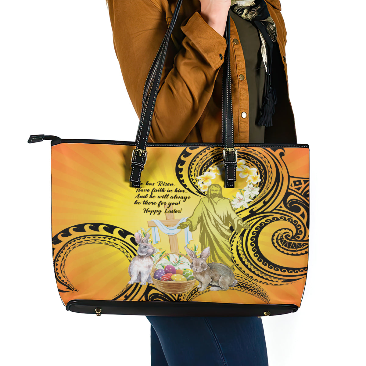 Polynesia Easter Day Leather Tote Bag He Is Risen Lilium Longiflorum Polynesian Pattern LT14 - Polynesian Pride