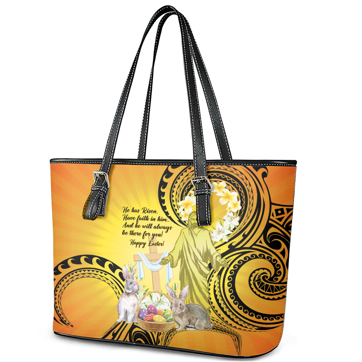 Polynesia Easter Day Leather Tote Bag He Is Risen Lilium Longiflorum Polynesian Pattern LT14 - Polynesian Pride