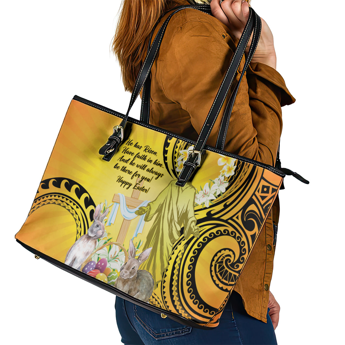 Polynesia Easter Day Leather Tote Bag He Is Risen Lilium Longiflorum Polynesian Pattern LT14 - Polynesian Pride