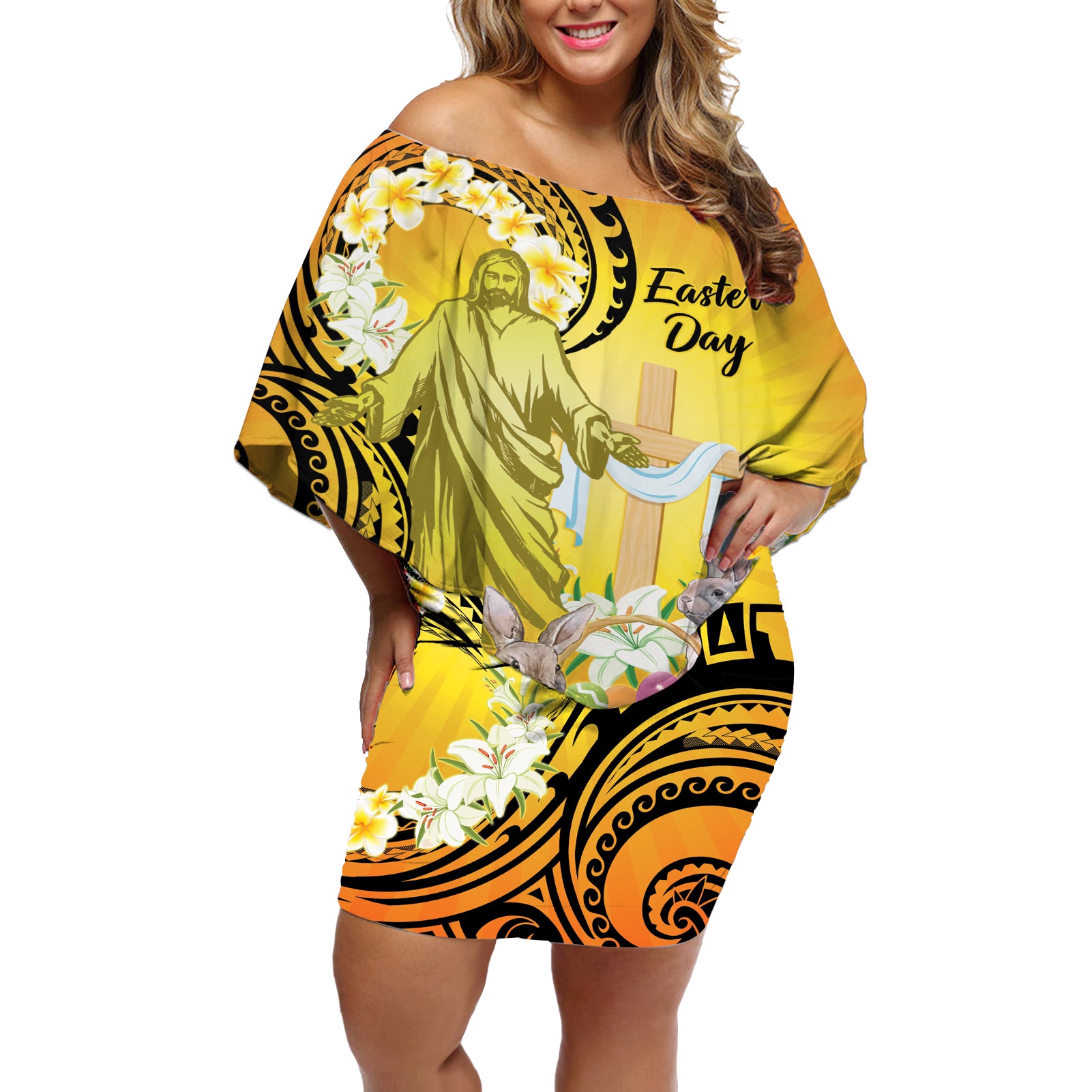 Polynesia Easter Day Off Shoulder Short Dress He Is Risen Lilium Longiflorum Polynesian Pattern