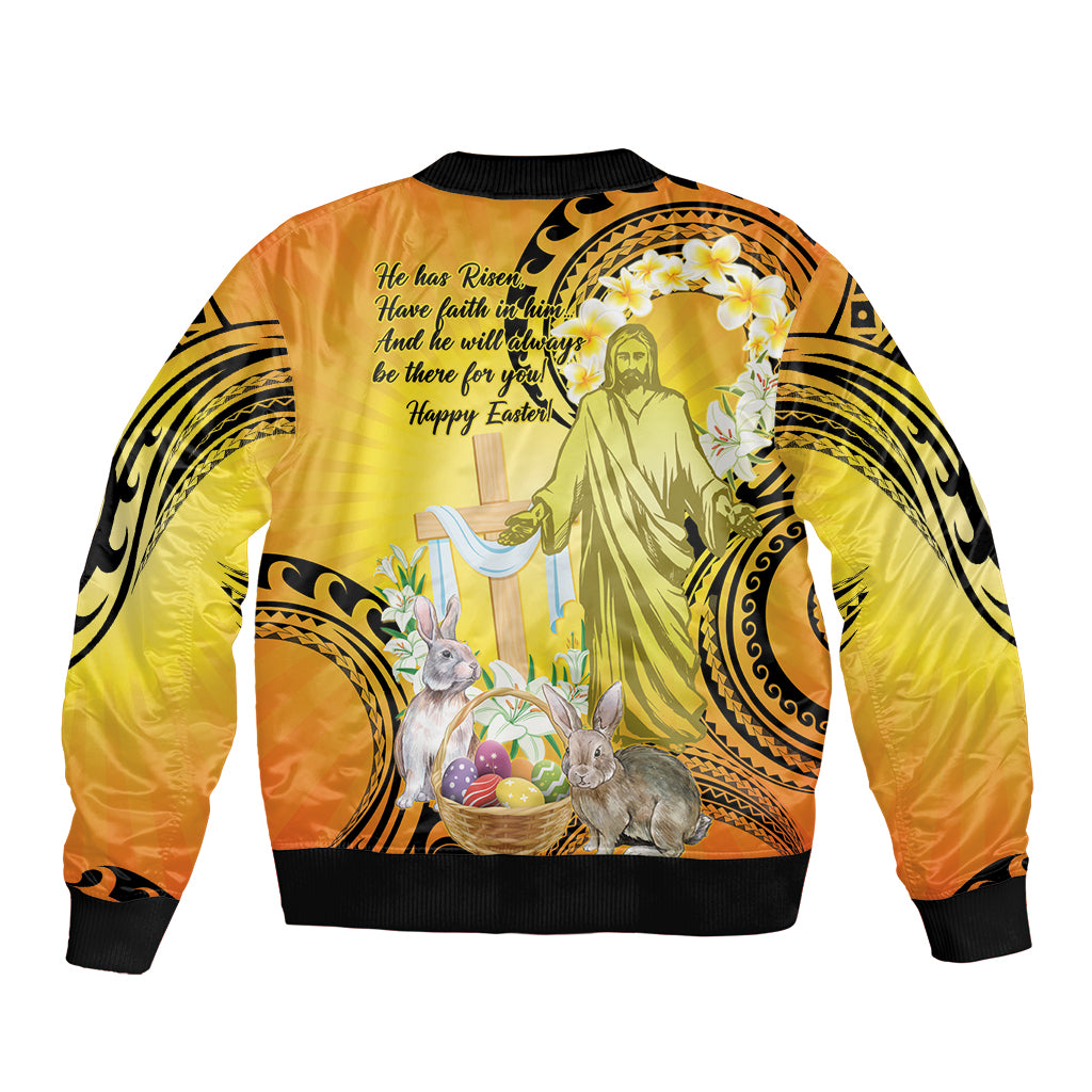 Polynesia Easter Day Sleeve Zip Bomber Jacket He Is Risen Lilium Longiflorum Polynesian Pattern LT14 - Polynesian Pride