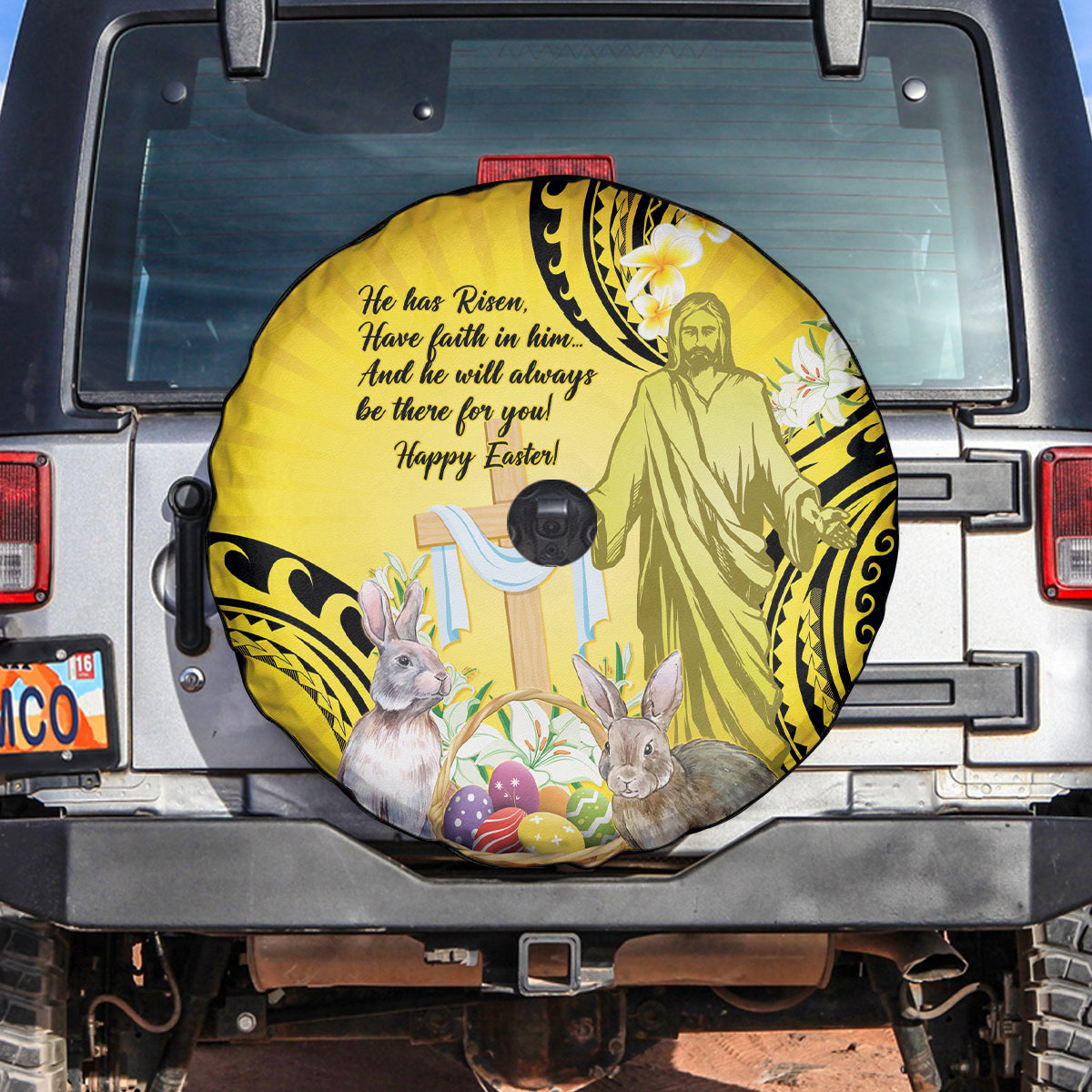 Polynesia Easter Day Spare Tire Cover He Is Risen Lilium Longiflorum Polynesian Pattern LT14 Gold - Polynesian Pride