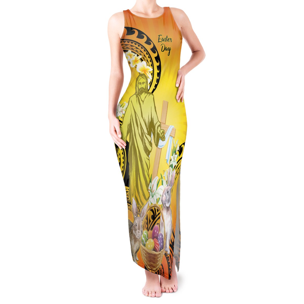 Polynesia Easter Day Tank Maxi Dress He Is Risen Lilium Longiflorum Polynesian Pattern LT14 Women Gold - Polynesian Pride