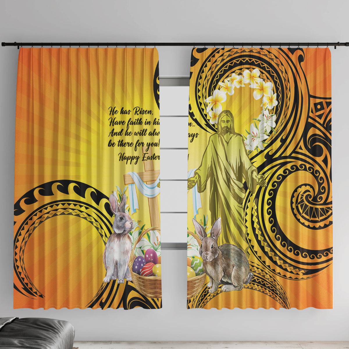 Polynesia Easter Day Window Curtain He Is Risen Lilium Longiflorum Polynesian Pattern LT14 With Hooks Gold - Polynesian Pride