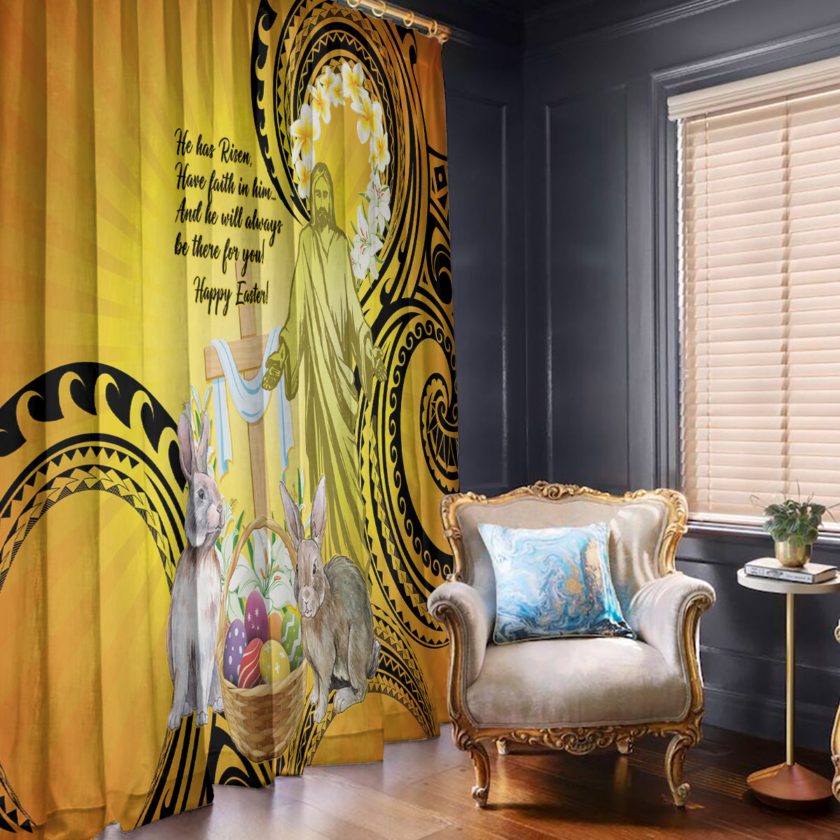 Polynesia Easter Day Window Curtain He Is Risen Lilium Longiflorum Polynesian Pattern LT14 - Polynesian Pride