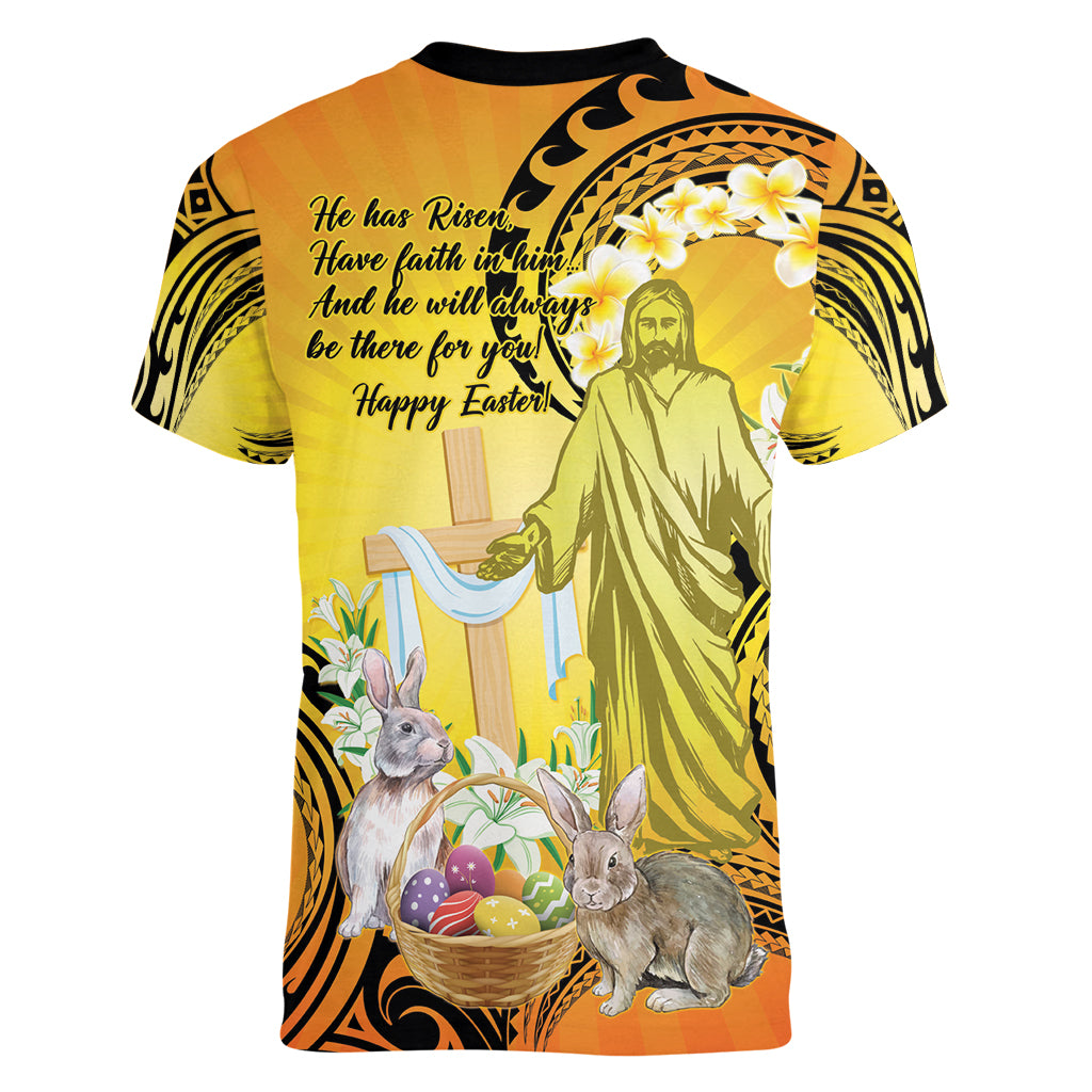 Polynesia Easter Day Women V Neck T Shirt He Is Risen Lilium Longiflorum Polynesian Pattern