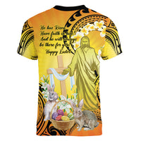 Polynesia Easter Day Women V Neck T Shirt He Is Risen Lilium Longiflorum Polynesian Pattern