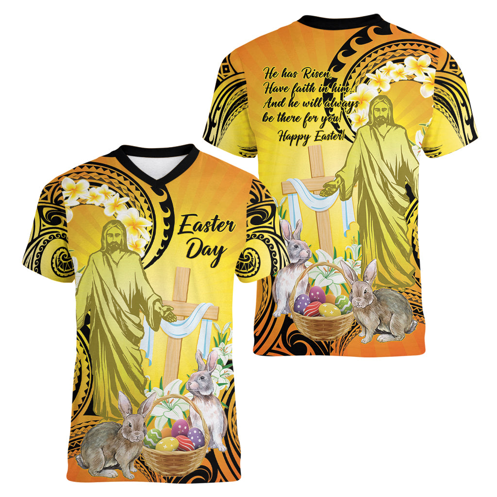 Polynesia Easter Day Women V Neck T Shirt He Is Risen Lilium Longiflorum Polynesian Pattern