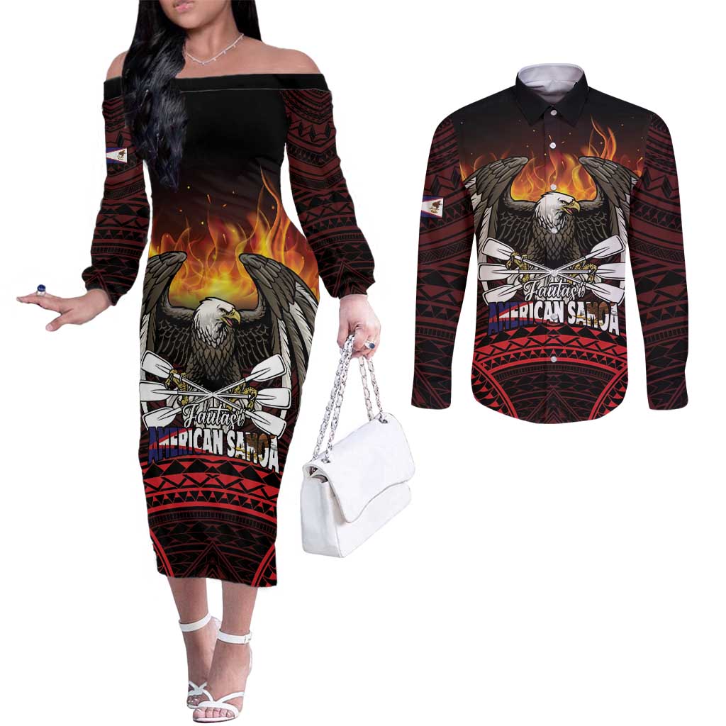 Fautasi Race Day American Samoa Couples Matching Off The Shoulder Long Sleeve Dress and Long Sleeve Button Shirt Bald Eagle Polynesian Tattoo