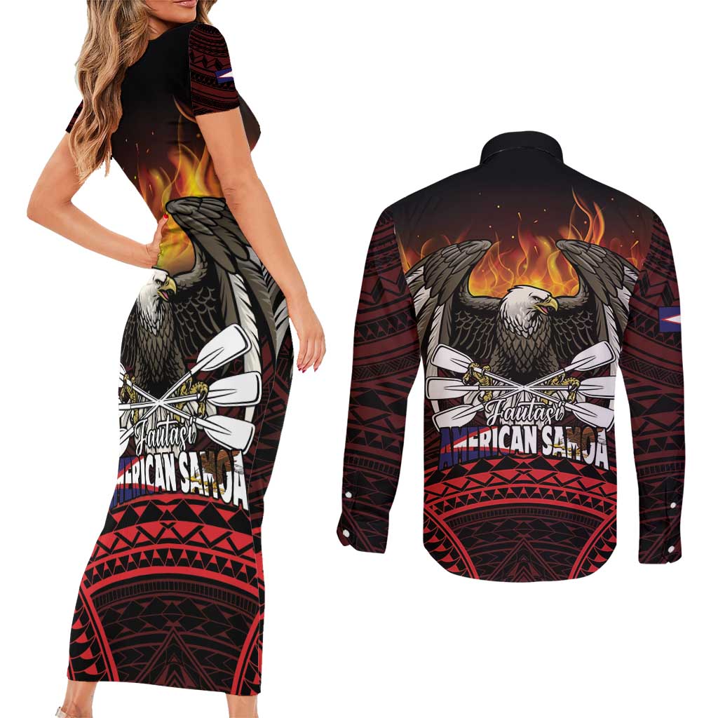 Fautasi Race Day American Samoa Couples Matching Short Sleeve Bodycon Dress and Long Sleeve Button Shirt Bald Eagle Polynesian Tattoo