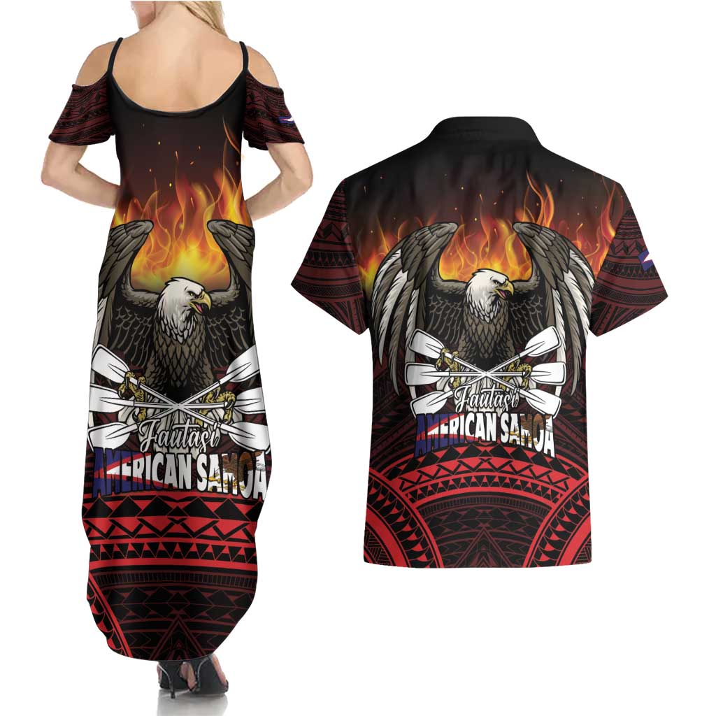 Fautasi Race Day American Samoa Couples Matching Summer Maxi Dress and Hawaiian Shirt Bald Eagle Polynesian Tattoo