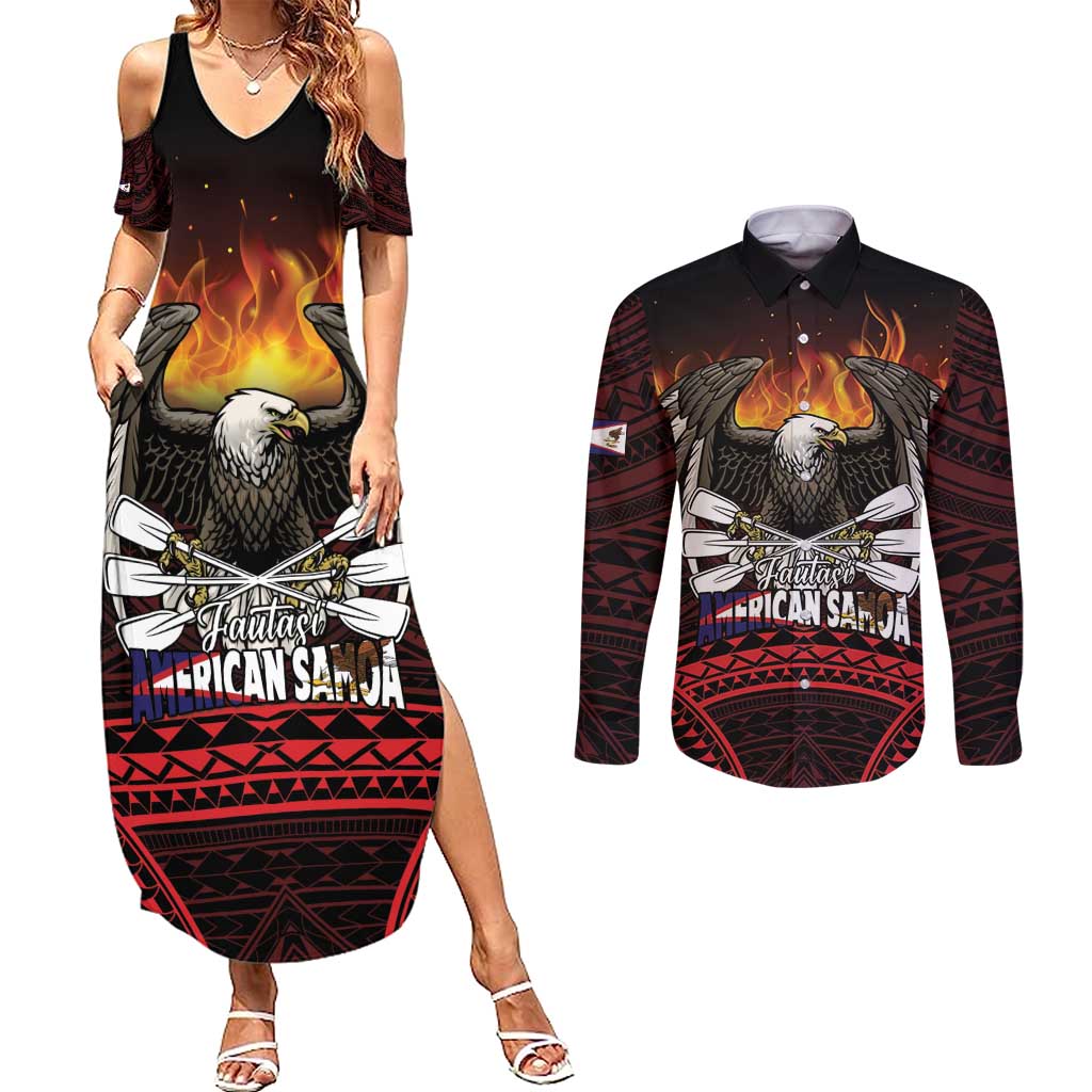 Fautasi Race Day American Samoa Couples Matching Summer Maxi Dress and Long Sleeve Button Shirt Bald Eagle Polynesian Tattoo