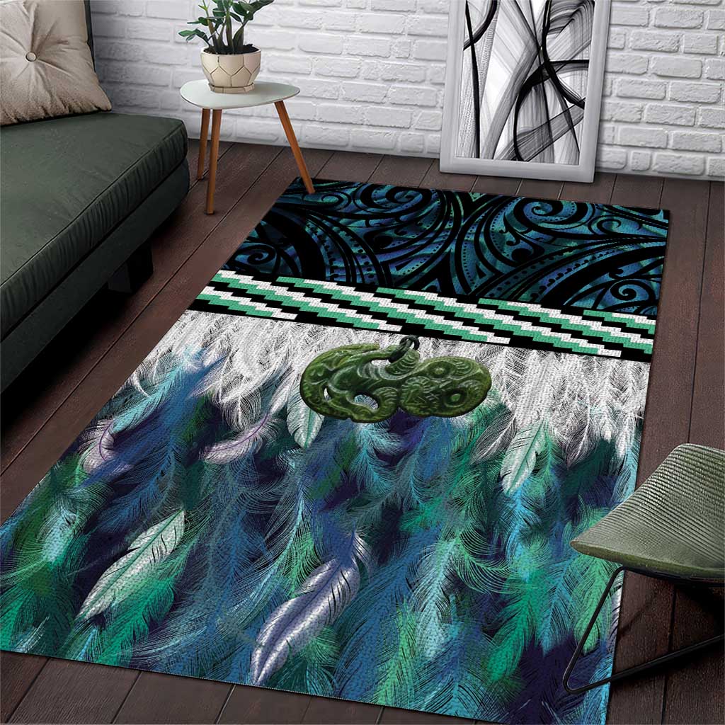 Turquoise Traditional Cloak Aotearoa Area Rug Maori Paua Shell Korowai Pattern