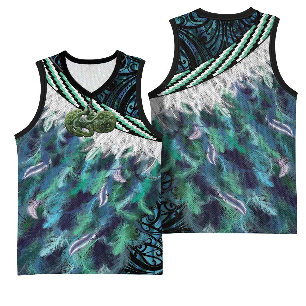 Turquoise Traditional Cloak Aotearoa Basketball Jersey Maori Paua Shell Korowai Pattern - Polynesian Pride