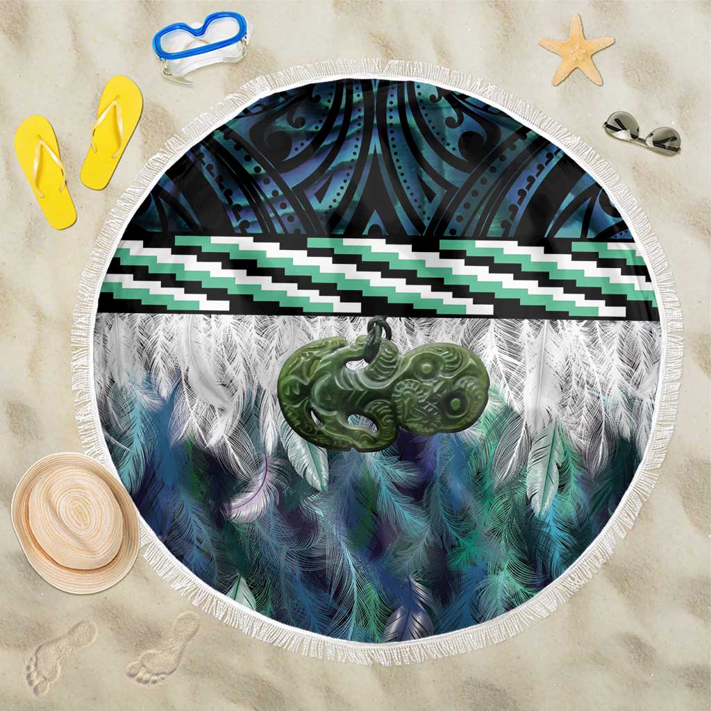 Turquoise Traditional Cloak Aotearoa Beach Blanket Maori Paua Shell Korowai Pattern