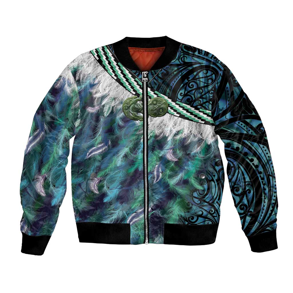 Turquoise Traditional Cloak Aotearoa Bomber Jacket Maori Paua Shell Korowai Pattern