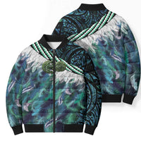 Turquoise Traditional Cloak Aotearoa Bomber Puffer Jacket Maori Paua Shell Korowai Pattern - Polynesian Pride
