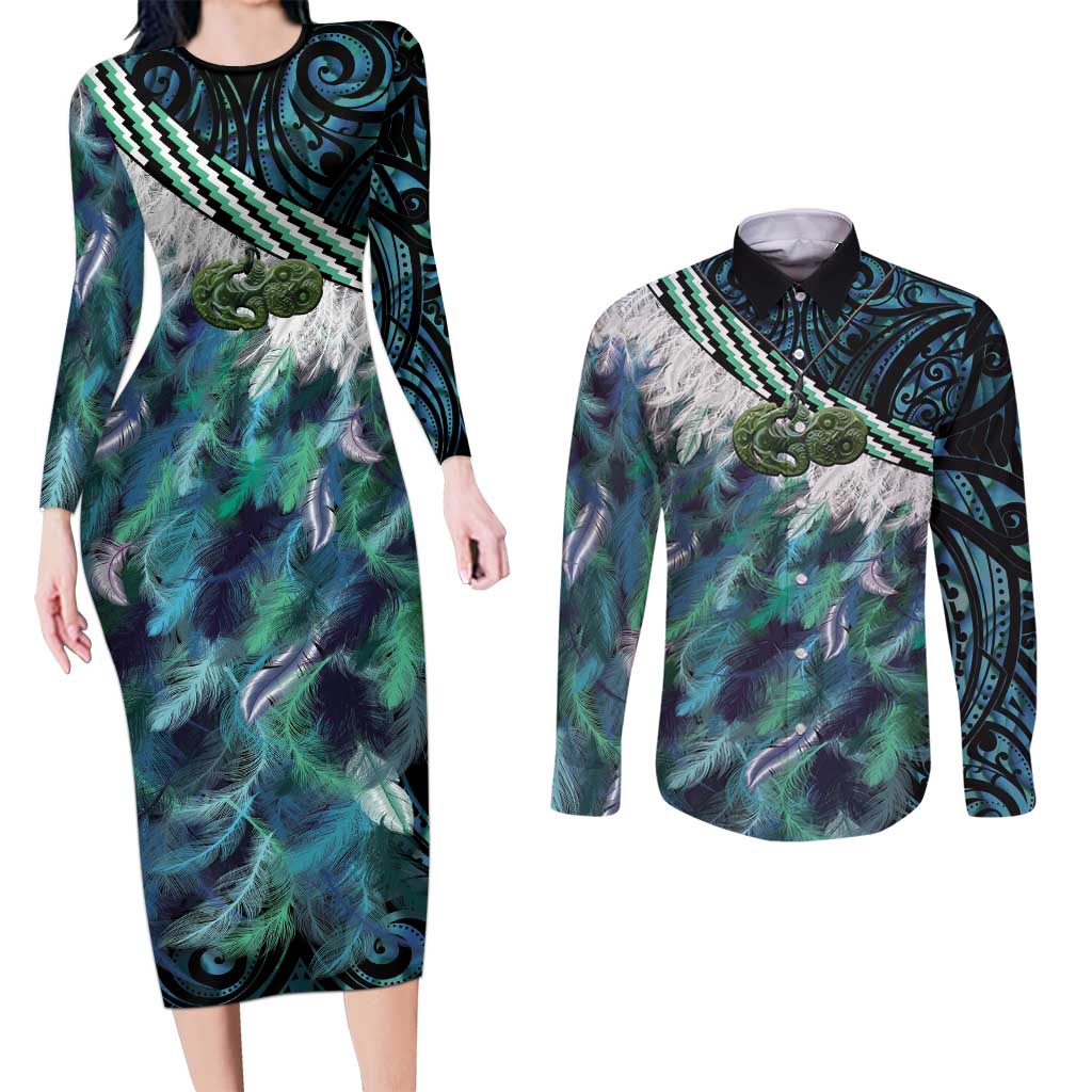 Turquoise Traditional Cloak Aotearoa Couples Matching Long Sleeve Bodycon Dress and Long Sleeve Button Shirt Maori Paua Shell Korowai Pattern LT14 Turquoise - Polynesian Pride