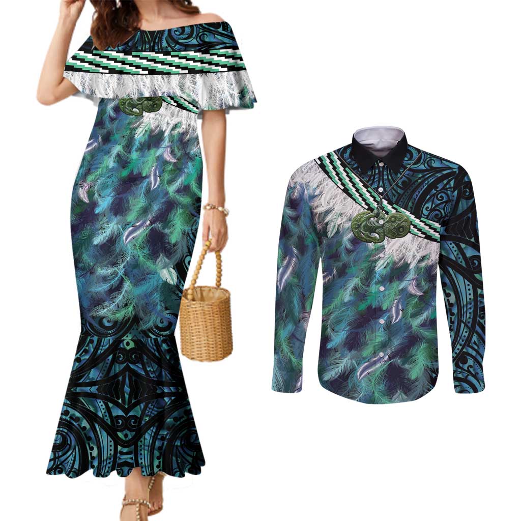Turquoise Traditional Cloak Aotearoa Couples Matching Mermaid Dress and Long Sleeve Button Shirt Maori Paua Shell Korowai Pattern LT14 Turquoise - Polynesian Pride