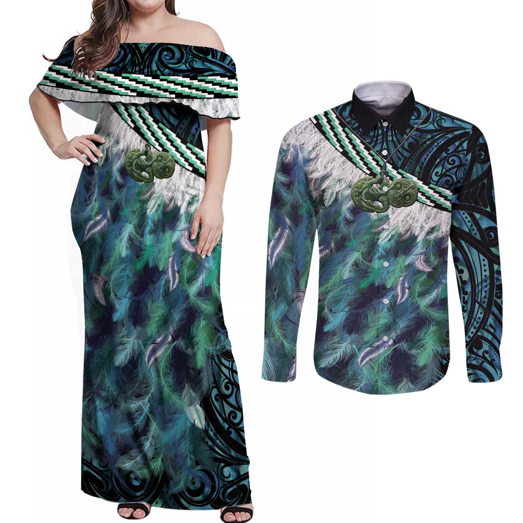 Turquoise Traditional Cloak Aotearoa Couples Matching Off Shoulder Maxi Dress and Long Sleeve Button Shirt Maori Paua Shell Korowai Pattern