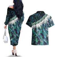 Turquoise Traditional Cloak Aotearoa Couples Matching Off The Shoulder Long Sleeve Dress and Hawaiian Shirt Maori Paua Shell Korowai Pattern