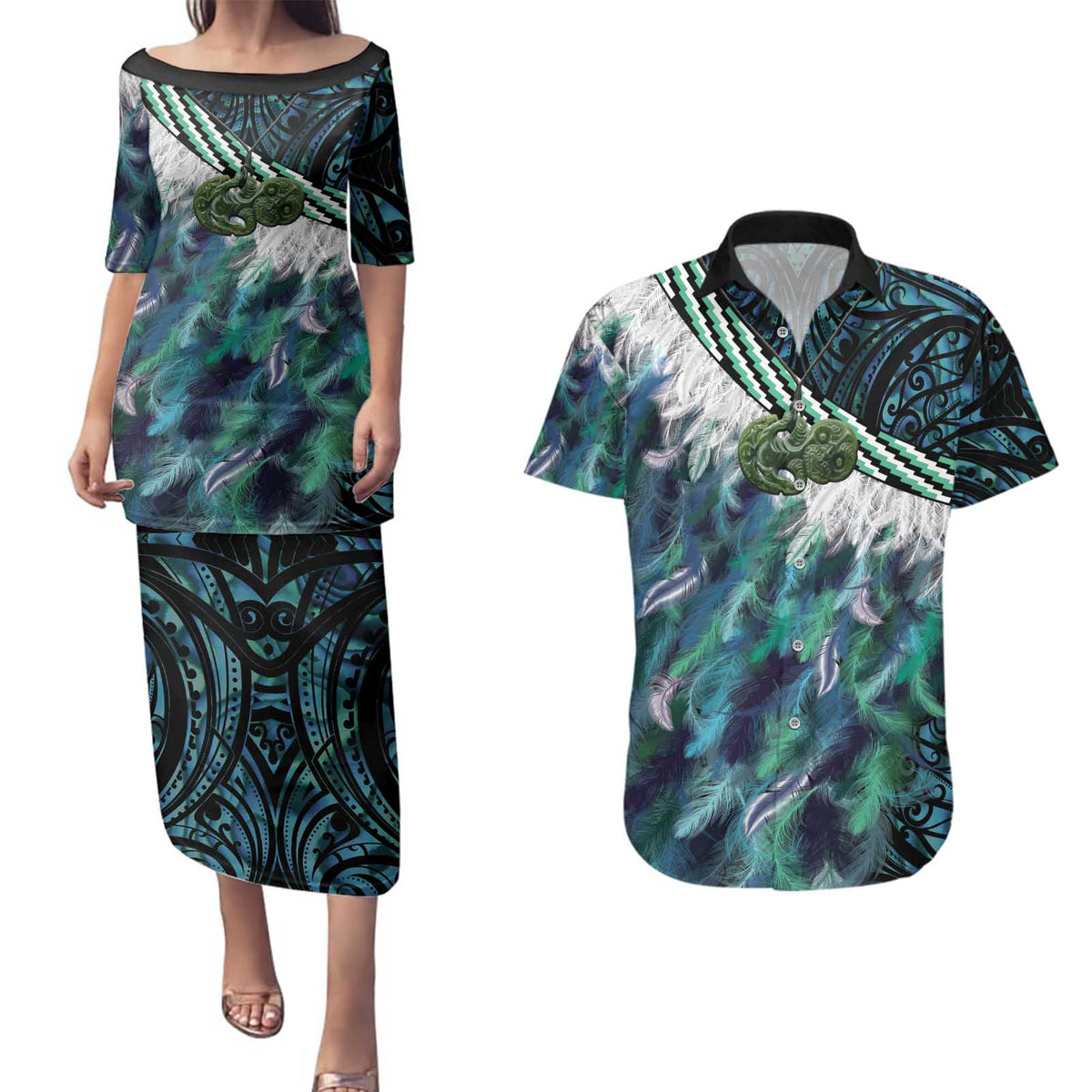 Turquoise Traditional Cloak Aotearoa Couples Matching Puletasi and Hawaiian Shirt Maori Paua Shell Korowai Pattern LT14 Turquoise - Polynesian Pride