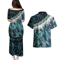 Turquoise Traditional Cloak Aotearoa Couples Matching Puletasi and Hawaiian Shirt Maori Paua Shell Korowai Pattern LT14 - Polynesian Pride
