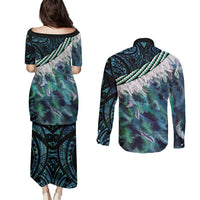 Turquoise Traditional Cloak Aotearoa Couples Matching Puletasi and Long Sleeve Button Shirt Maori Paua Shell Korowai Pattern