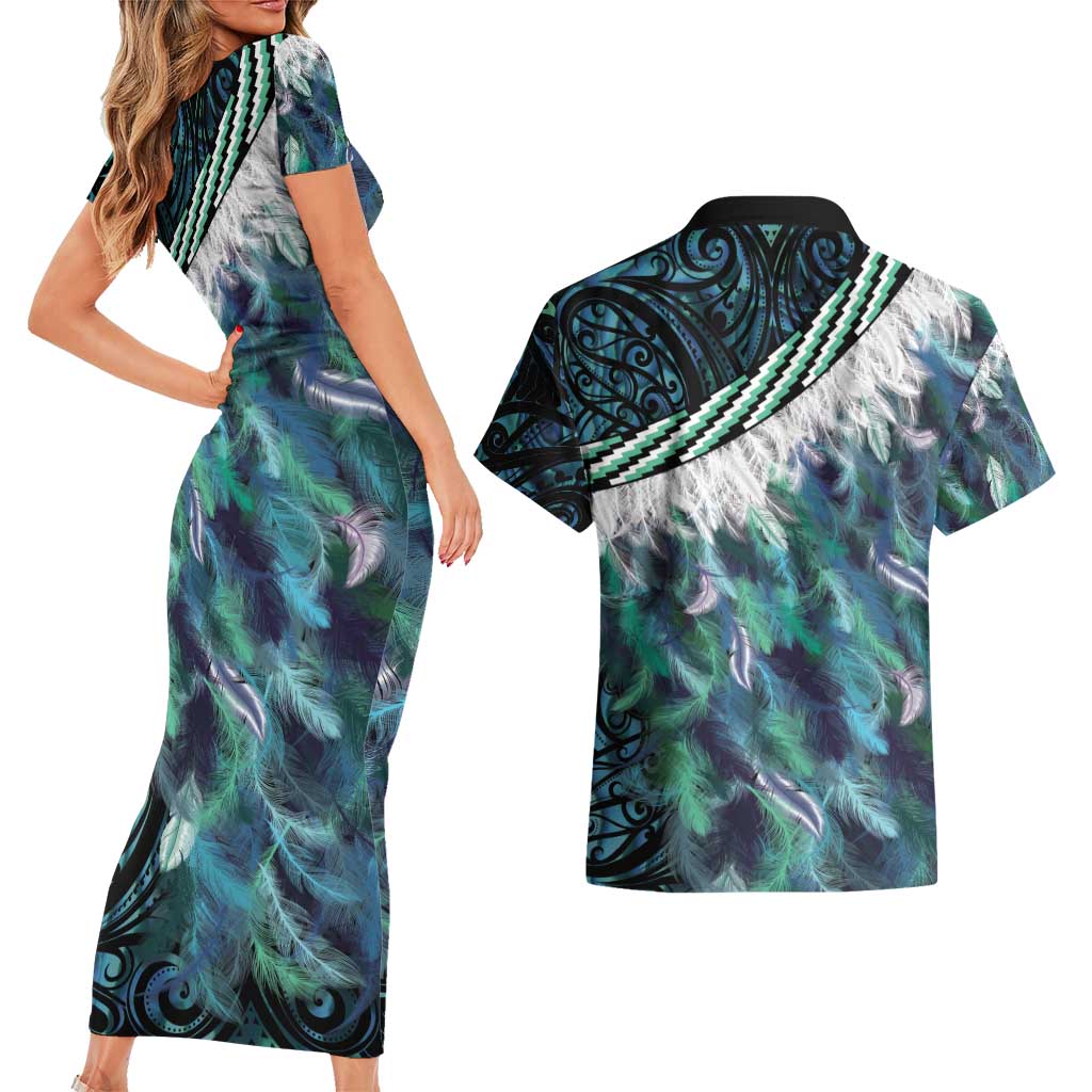 Turquoise Traditional Cloak Aotearoa Couples Matching Short Sleeve Bodycon Dress and Hawaiian Shirt Maori Paua Shell Korowai Pattern