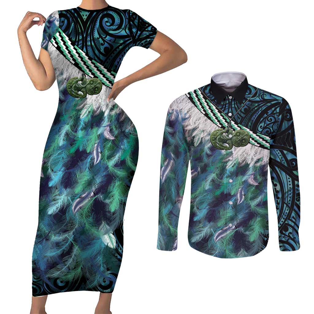 Turquoise Traditional Cloak Aotearoa Couples Matching Short Sleeve Bodycon Dress and Long Sleeve Button Shirt Maori Paua Shell Korowai Pattern