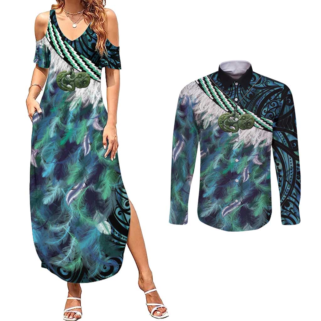 Turquoise Traditional Cloak Aotearoa Couples Matching Summer Maxi Dress and Long Sleeve Button Shirt Maori Paua Shell Korowai Pattern LT14 Turquoise - Polynesian Pride