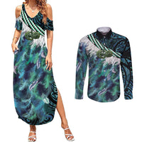 Turquoise Traditional Cloak Aotearoa Couples Matching Summer Maxi Dress and Long Sleeve Button Shirt Maori Paua Shell Korowai Pattern LT14 Turquoise - Polynesian Pride