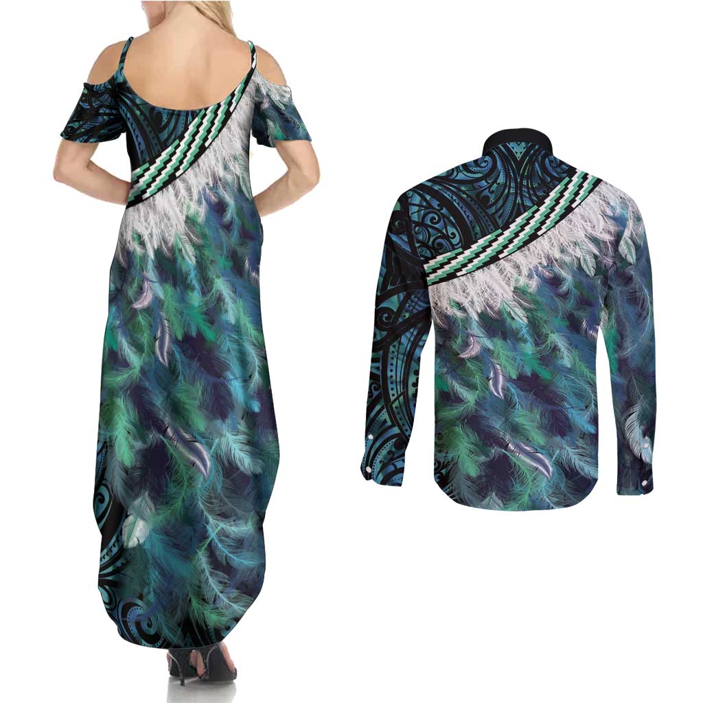 Turquoise Traditional Cloak Aotearoa Couples Matching Summer Maxi Dress and Long Sleeve Button Shirt Maori Paua Shell Korowai Pattern LT14 - Polynesian Pride