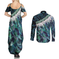 Turquoise Traditional Cloak Aotearoa Couples Matching Summer Maxi Dress and Long Sleeve Button Shirt Maori Paua Shell Korowai Pattern LT14 - Polynesian Pride