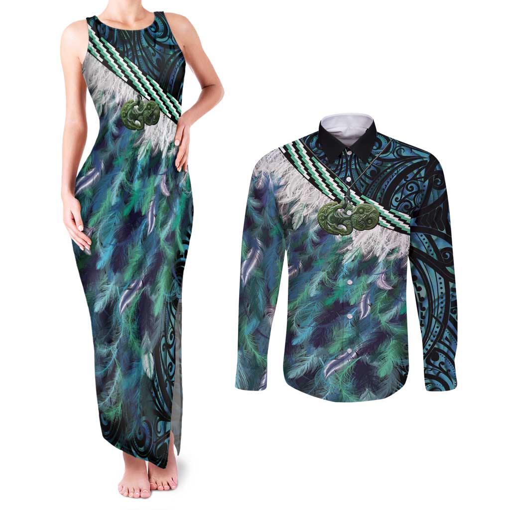 Turquoise Traditional Cloak Aotearoa Couples Matching Tank Maxi Dress and Long Sleeve Button Shirt Maori Paua Shell Korowai Pattern LT14 Turquoise - Polynesian Pride