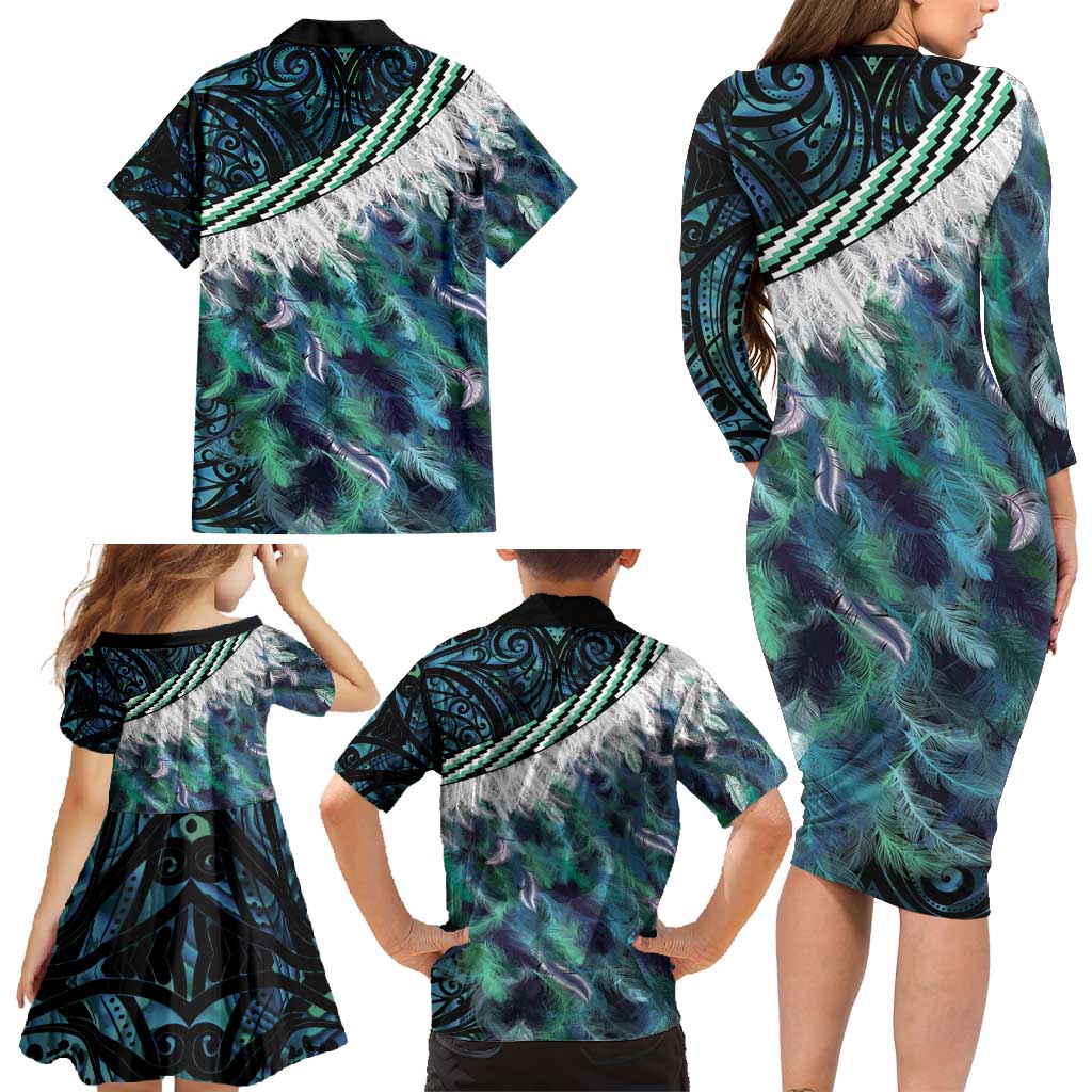 Turquoise Traditional Cloak Aotearoa Family Matching Long Sleeve Bodycon Dress and Hawaiian Shirt Maori Paua Shell Korowai Pattern