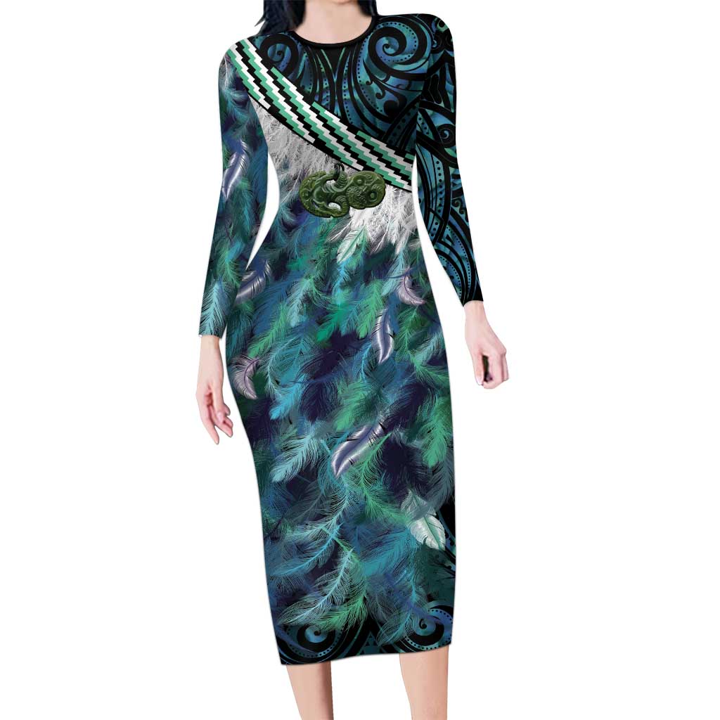 Turquoise Traditional Cloak Aotearoa Family Matching Long Sleeve Bodycon Dress and Hawaiian Shirt Maori Paua Shell Korowai Pattern