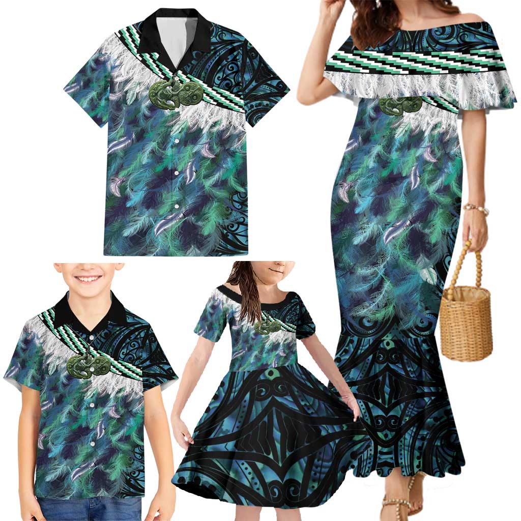 Turquoise Traditional Cloak Aotearoa Family Matching Mermaid Dress and Hawaiian Shirt Maori Paua Shell Korowai Pattern