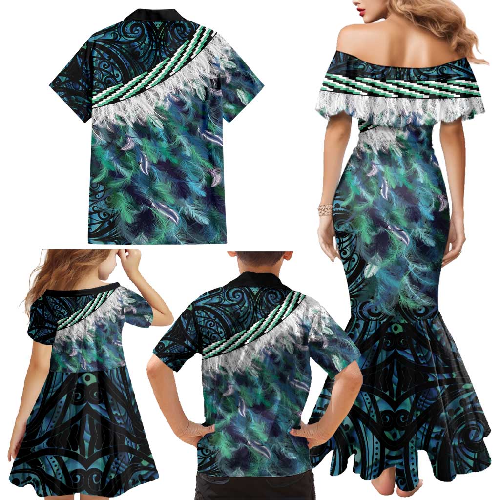 Turquoise Traditional Cloak Aotearoa Family Matching Mermaid Dress and Hawaiian Shirt Maori Paua Shell Korowai Pattern